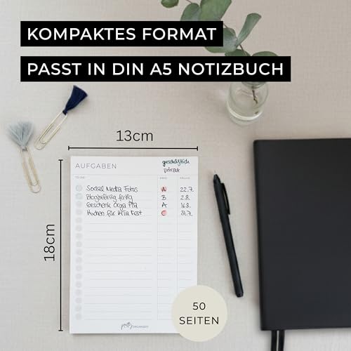 To Do Listen Block mit Prioritäten und Fälligkeitsdatum für alle Aufgaben - passend für A5 Notizbuch, minimalistisch & modern, nachhaltig in Deutschland hergestellt von prettyORGANIZED
