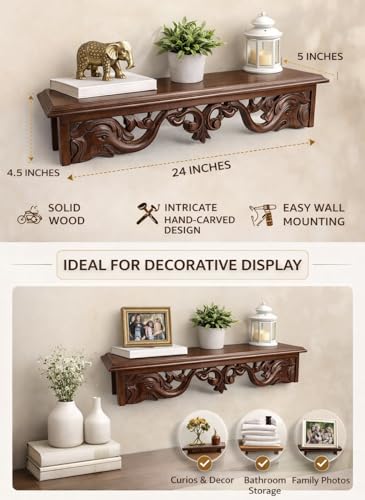 Image of WOODSOME Handcrafted Wooden Wall Bracket Shelf | Decorative Solid Wood Wall Mount Shelf for Living Room, Bedroom, Mandir & Office | Vintage Carved Design | 24 x 5 x 4.5 Inches