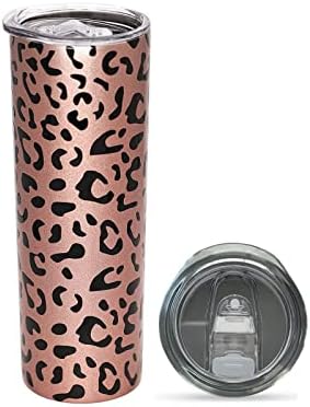 PRAGDUCT 20OZ Leopard Tumbler, Cheetah Print Gifts for Women Leopard Coffee Cugs with Lid, Rose Gold Stainless Insulated Thermal Skinny Cup Leopard Gifts for Women Mom