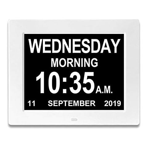 HOXMOMA Digital Calendar Alarm Day Clock, 8" Large Screen Display, 12 Alarm, for Impaired Vision People, The Aged Seniors, The Dementia, for Desk, Wall Mounted, White Cover