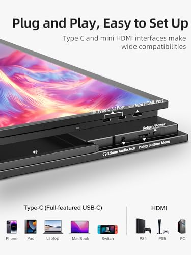 Image of Portable Monitor 18.5 inch 120hz for Laptop, FHD 1080P Portable Gaming Monitor w /VESA Stand HDR Speakers USB C Mini HDMI for Phones PC Gaming Devices, Travel Second Screen for Business