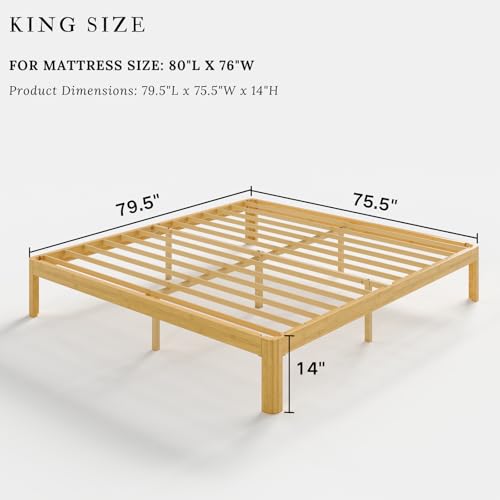 Image of 14 Inch King Bamboo Platform Bed,Mid-Century Wood Bed Frame King Size, No Box Spring Needed, Natural Finish, Easy Assembly