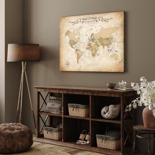 Image of DECORARTS - World Travel Map with Pins, Pin Board Canvas Wall Art, Antique Vintage Old World Maps for Wall, Giclee Print on Canvas, Handcrafted in USA, 30x24''