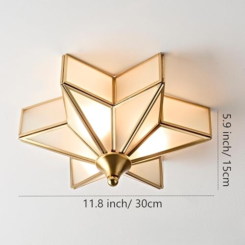 Image of LIGHTLAND 11.8 Inch Flush Mount Star Ceiling Light, 3 Lights Brass Ceiling Lamp with Glass Lampshade, Art Deco Close to Ceiling Light Fixtures for Entryway Hallway Porch, Gold