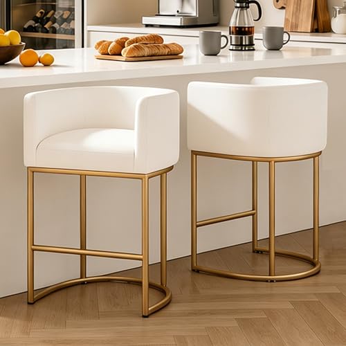 Image of 26 inch Counter Height Bar Stools Set of 1, Faux Leather Upholstered Barrel Chairs with Back and Arms, Metal Frame Kitchen Island Stools with Footrest, Cream-Gold Frame