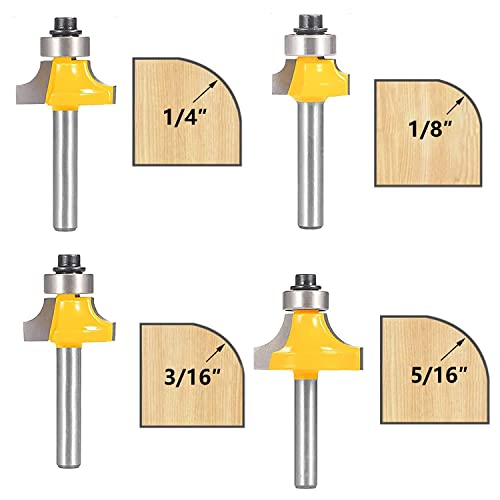 Roundover Router Bit Set By Tooldo ，1/4 Inch Shank,4Pcs Router Bit Set，Bearing Guide For Rounding Edge Bit (For R 1/8", 1/4", 3/16", 5/16") #TOP2
