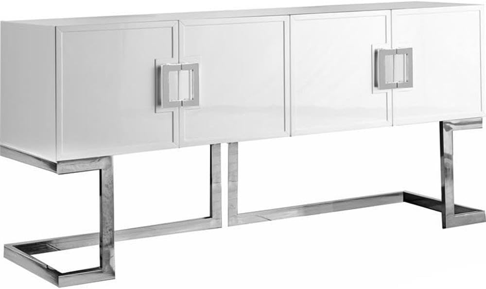 Meridian Furniture Beth Collection Modern | Contemporary Sideboard Buffet, Rich Chrome Stainless Steel Base, White Laquer Finish, 64" W x 18" D x 31" H, Cabinet