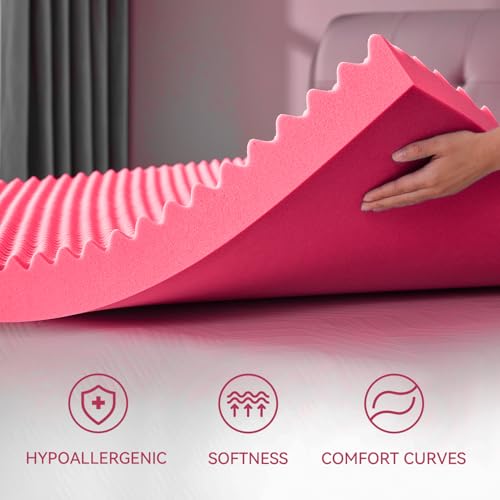 SINWEEK 2 Inch Egg Crate Memory Foam Mattress Topper Twin Size, Soft Mattress Pad for Back Pain Relief, Bed Topper, CertiPUR-US Certified, Pink
