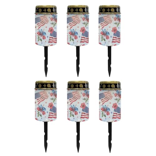 Image of Poceacles American Flag Hibiscus Flower Outdoor Solar Lights Garden Cemetery Flameless Candle America 250th Anniversary Printed Solar Garden Stake Lights for 4th of July Decorations, Pack of 6