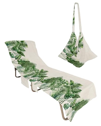 Green Palm Leaves Botanical Beach Lounge Chair Towel Cover, Soft Chaise Lounge Towel with Side Pockets Patio Pool Chairs Cover for Beach/Pool Sunbathing 29x85 Summer Tropical Plants Rustic
