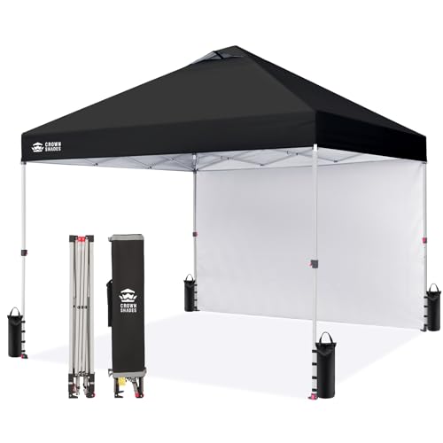 CROWN SHADES 10x10 Pop Up Canopy with 1 Side Wall - Beach Tent with One Push Setup - Outdoor Sun Shade for Events, Parties, Camping - Gazebo with STO-N-Go Cover Bag (Black)