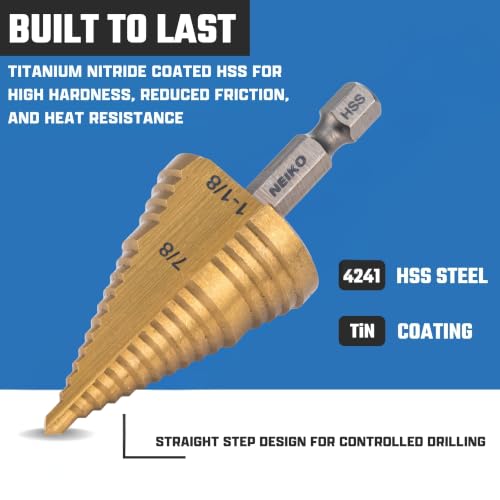Image of NEIKO 10628A Step Drill Bit, 2 Steps 7 /8 inch to 1-1 /8 inch Straight High Speed Steel, Titanium Nitride Coated, 1 /4 inch Quick Change Step Bits for Steel, Metal, Wood, Plastic, Unibit Cone Drill Bits, Two Flute