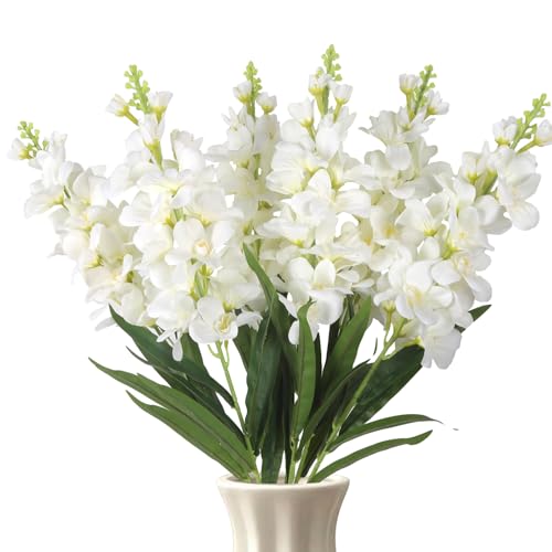 ICBOX Delphinium Artificial Flowers,6PCS White Flowers 35.43'' Larkspur Artificial Flower Long Stem Flowers for Tall Vase Wedding Party Table Centerpieces Home Decor(White)