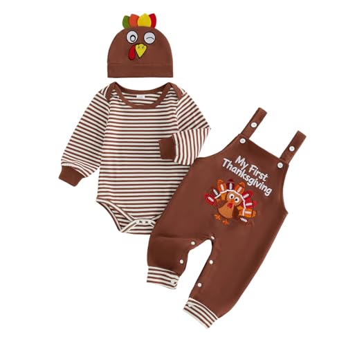 BeQeuewll Baby Boy Thanksgiving Outfit Newborn Infant Knit Romper+Turkey Pants Overalls+Hats Boys First Thanksgiving Outfit (Brown 3-6 Months)