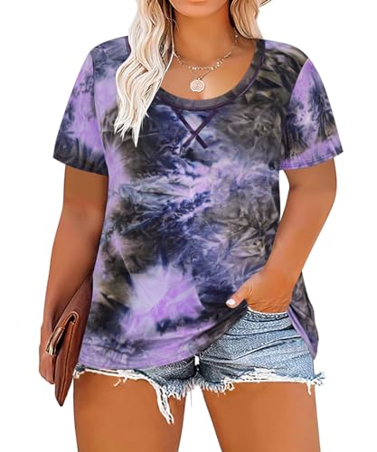 Image of CARCOS Plus Size Tops for Women Short Sleeve Shirt Summer Star /Leopard /Tie Dye /Flower Crewneck Pullover Tunic XL-5XL