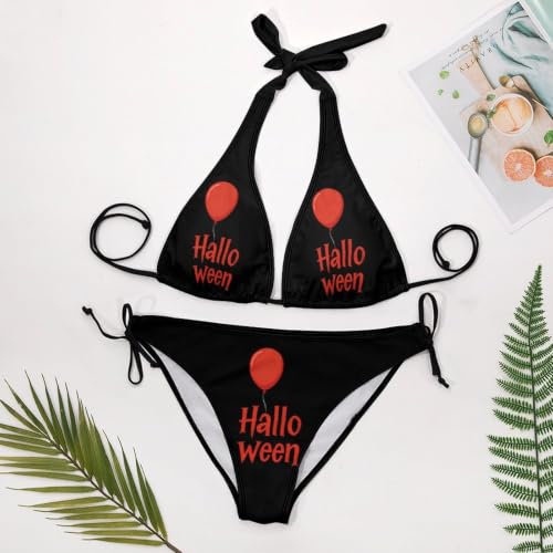 Bikini de Halloween de 2 piezas para mujer con lazo lateral y diseño triangular de globos 4