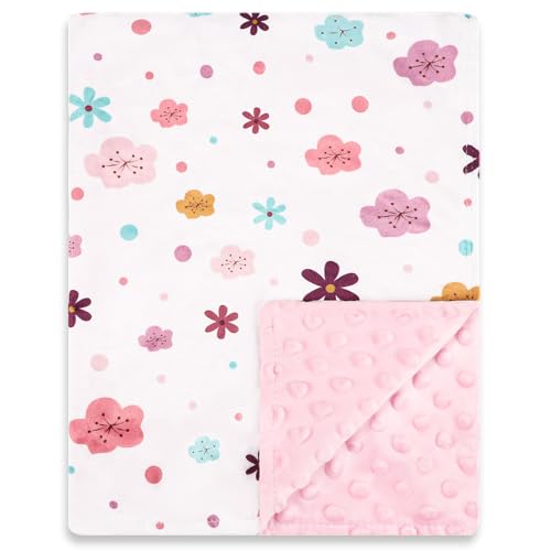 Image of Pea Pod Baby Girls Blanket Soft Floral Minky Blanket for Newborn, 30'' x 40'' Double Layer Design, Dotted Backing Warm Baby Quilt Crib Blanket for Nursery /Stroller /Toddler Bed /Baby Car Seat