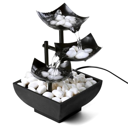 Generic Fuente de agua de mesa de 3 niveles, interior/exterior, sala de estar, dormitorio, decoración de oficina, 21 cm de alto, circulación de agua, metal, negro