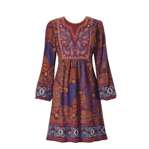Embroidered Yoke Dress for Women, Floral Paisley Knit with A Line, V Neck, and Long Sleeves