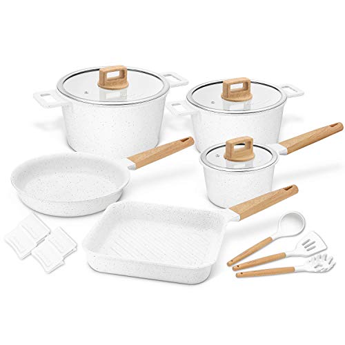 Cookware Set Non-Stick Scratch Resistant 100 PFOA Free Induction Aluminum Pots and Pans Set with Cooking Utensil Pack -15 - White