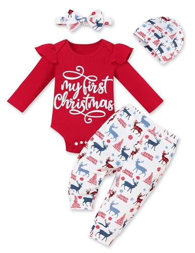 My First Christmas Baby Girl Outfit Christmas Ruffle Sleeve Romper Santa Pants with Headband Baby Girl Christmas Clothes