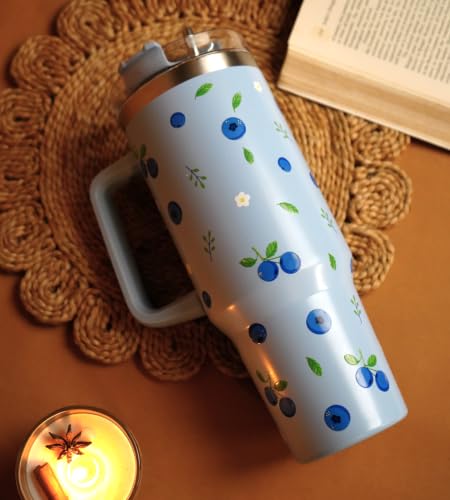 Image of 1200ML Stainless Steel Tumbler Hot and Cold with Handle and Lid and 2 Straws, Double Insulated Cup Leak Proof Mug Cupholder for Gym, Travelling (Blueberry)