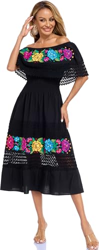 Image of YZXDORWJ Women Embroidered Mexican Peasant Casual Sexy Lace Off-Shoulder Long Dress