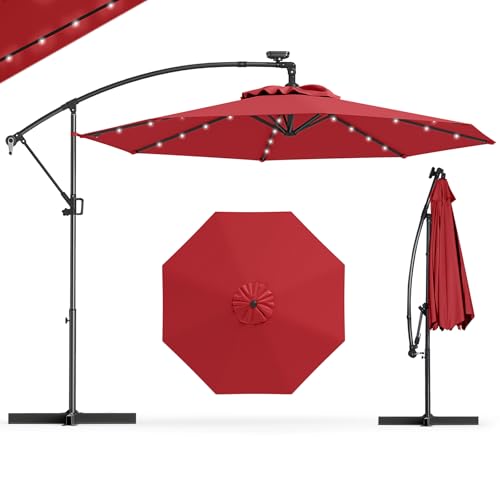 GOPLUS Parasol Déporté 3x3M, Grand Parasol de Jardin Extérieur avec 32 LED Solaires, 8 Baleines, Tissu Protection Solaire, Toile Inclinable, Rotatif à...