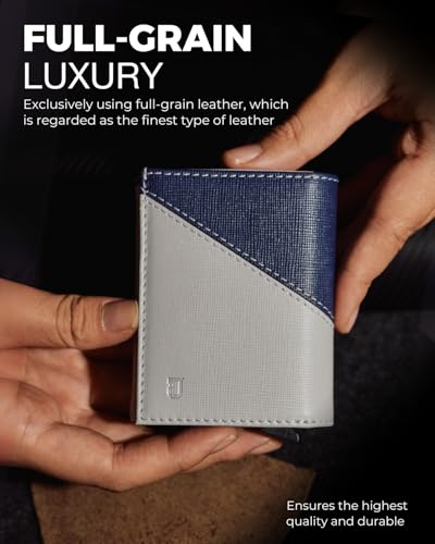 Jenoss Smart Wallet For Men: Full Grain Leather, Handcrafted, Slide Metal Pop Up Case, Slim RFID Blocking Credit Card Holder, Minimalist, Compact 12 Cards Slot Organizers, ID, Money Clip (Grey & Navy)2
