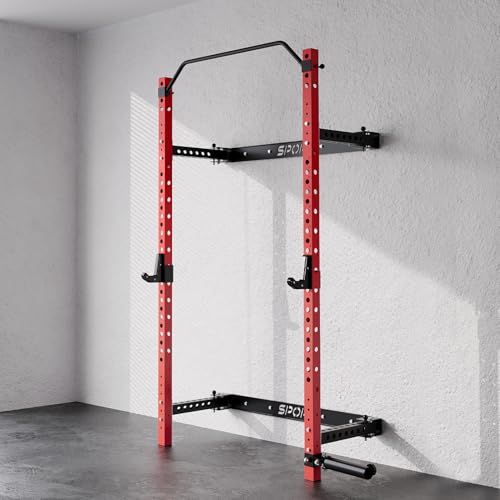 OutdoorVibe Foldable Wall Mounted Squat Rack, 1000LBS Capacity Folding Power Rack with Pull Up Bar, J Hook, Landmine, Folding Squat Rack for Garage&Home Gym