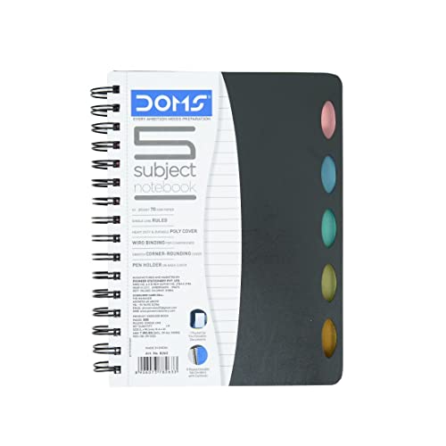Doms 5 Subject Poly Cover Wiro Notebook | 70 GSM, 5 Subject, 300 Pages | 21.6 x 14 CM | The Book is Sturdy & Long Lasting | Pack Of 1
