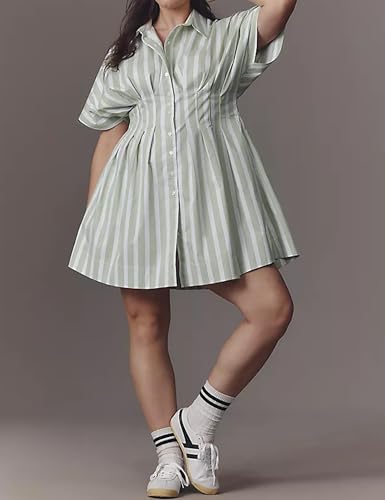 Image of MISSACTIVER Women Pleated Button Down Shirt Dress Short Sleeve Striped Corset Mini Dresses Casual Summer Short Dress