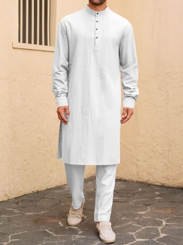 Runcati Mens Kaftan Robe Button Down Long Sleeve Cotton Linen Thobe Casual Muslim Gown Henley Shirt4