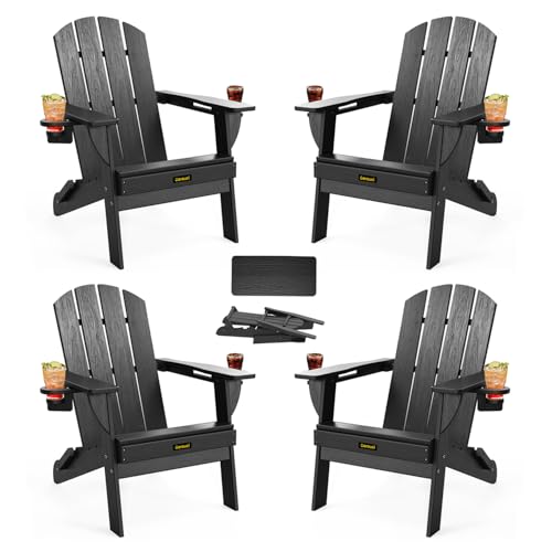 Folding Adirondack Chair Set of 4, Wooden Textured Plastic Adirondack Chairs with 2 Cup Holder, Weather Resistant HDPE Fire Pit Chair, Outdoor Patio Chairs for Garden, Backyard, Lawn, Deck, Black