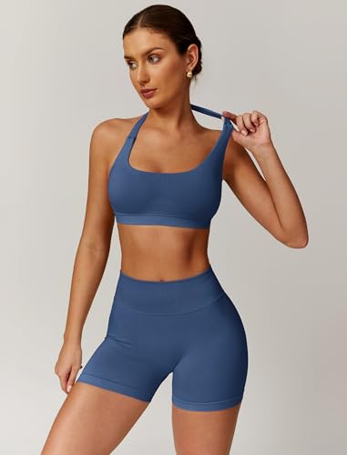 Image of ABOCIW Workout Sets for Women 2 Piece seamless Halter Sports Bra Scrunch Butt Impact Shorts Gym Yoga Outfits