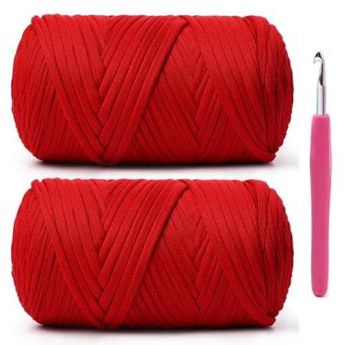 Image of 2 Pack Soft Tshirt Crochet Yarn, 800g /228yds High Elastic Hand Knitting Yarns, Thick T Shirt Yarn for Crocheting Bags, Baskets, Cushions, DIY Crafts(Red + Red)