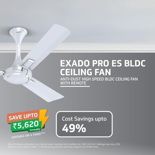 Image of V-Guard Exado Pro ES BLDC Ceiling Fan | Remote Control | Anti Dust Coating | Energy Saving BLDC Fan | 370 RPM | 100% Copper Motor | 1200 mm | Pearl White Silver