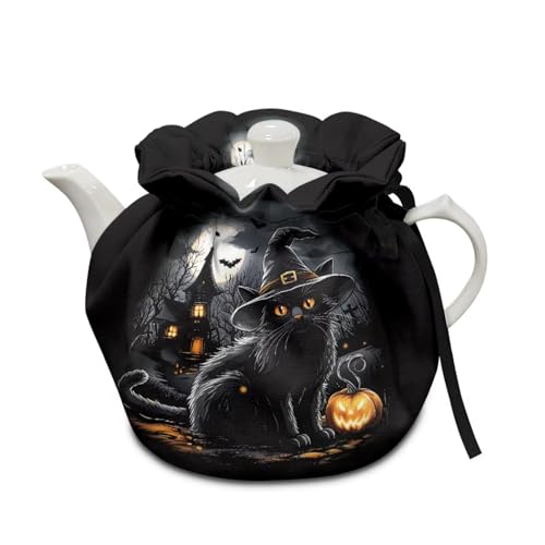 Image of Halloween Tea Cosy for Teapot Insulated Kettle Cover, Black Cat Breakfast Warmer Kitchen Teapot Dust Cover Washable Tea Cozy Tabletop Decorations for Afternoon Party Gift for Holiday