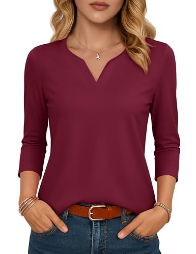 YUCOLEN Womens 3/4 Sleeve T Shirt V Neck Tops Casual Henley Shirts UPF50+ Summer Tops Basic Cotton Tees S-XXL