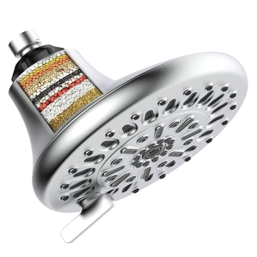 MermoGuiny Filtered Shower Head, 7 Settings High Pressure Shower Head with Filter for Removing Chlorine and Heavy Metals, 7 Inches Fixed Shower Head Chrome with Solid Brass Ball Joint