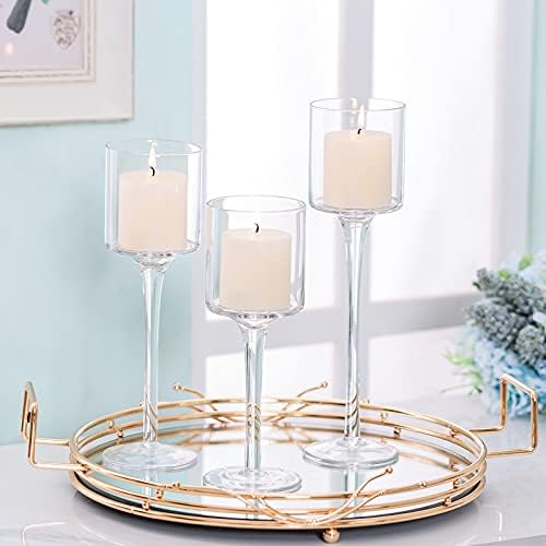 Romadedi Tealight Candle Holder Glass - Candlestick Holder for Floating / Tea Light Candles Tall Elegant Design Wedding Party Dinning Table Centerpiece, Home Mantel Decor, 20/23/26cm, Set of 3