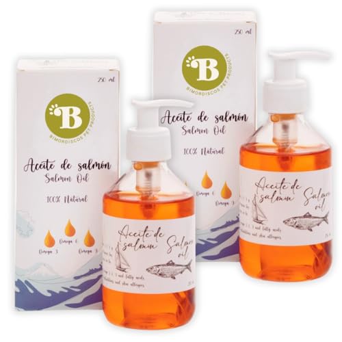 BIMORDISCOS Pack 2 x 250 ml Aceite de Salmón para Perros y Gatos | Rico en Omega 3 y 6 | Salud de Piel, Pelo y Articulaciones | Mejora el Sistema Inmune y Digestión | Suplementos para Perro