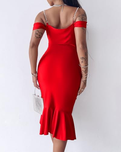 Image of CHICME Womens Sexy Bodycon Party Dress Off The Shoulder Pearls Strap Midi Dress Ruffle Hem Cocktail Dresses