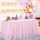 108in Baby Pink Tulle Table Skirts for Rectangle Tables 6ft 8ft 4ft, 2-Layer 9 ft Long Gold Grim Princess Pink Ruffle Tulle Tutu Table Skirt Cloth for Girl Birthday Baby Cake Dessert(No Table Cover)