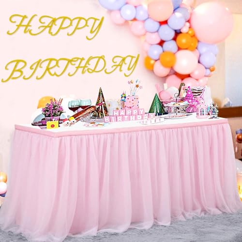 108in Baby Pink Tulle Table Skirts for Rectangle Tables 6ft 8ft 4ft, 2-Layer 9 ft Long Gold Grim Princess Pink Ruffle Tulle Tutu Table Skirt Cloth for Girl Birthday Baby Cake Dessert(No Table Cover)
