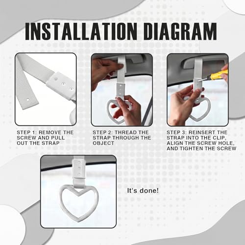 Image of 2PCS Heart Shaped Car Handle Straps, Rear Bumper Warning Keychain Ring for Car Exterior Accessories (White-Silver)