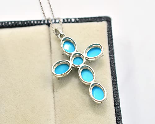 Natural Sleeping Beauty Turquoise 7X5 MM Oval Round Gemstone 925 Sterling Silver Holy Cross Pendant Necklace December Birthstone Turquoise Jewelry Proposal Necklace Gift Girlfriend (PD-8458)4