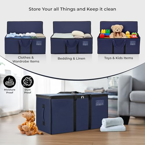 Image of Storite 2 Pack Multi-Purpose Heavy Duty Moisture Proof 81 Litres Canvas Super-Size Jumbo Underbed Storage Bag /Toys /Blankets /Stationery Paper /Clothes Storage Bag (87x26x36 cm) (Navy Blue)