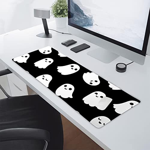 Image of Halloween Cute Ghost Mouse Pad Kawaii Cartoon Spooky Funny Spirit Extended Desk Mat Non-Slip Rubber Base Stitched Edge Large XL Black White Mousepad for Desk Gaming Laptop Desktop,31.5x11.8 Inch