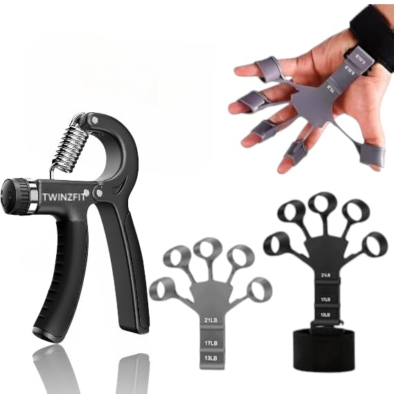 TWINZFIT PREMIUM Hand Gripper Combo Kit Adjustable 5-60KG Forearm Exerciser & 2 Finger Stretcher Bands, Wrist, Viens & Finger Workout Silicone Material 1 year Warranty (combo kit)-image-5